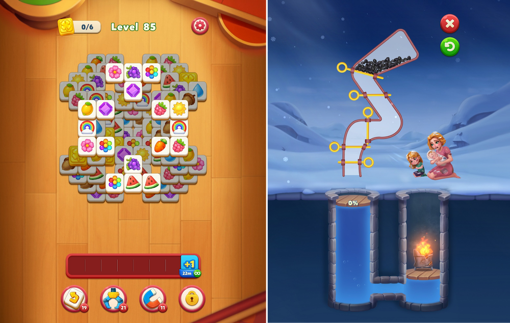 Tile Family’s core gameplay (left) is worlds apart from its fake ad minigame levels (right)