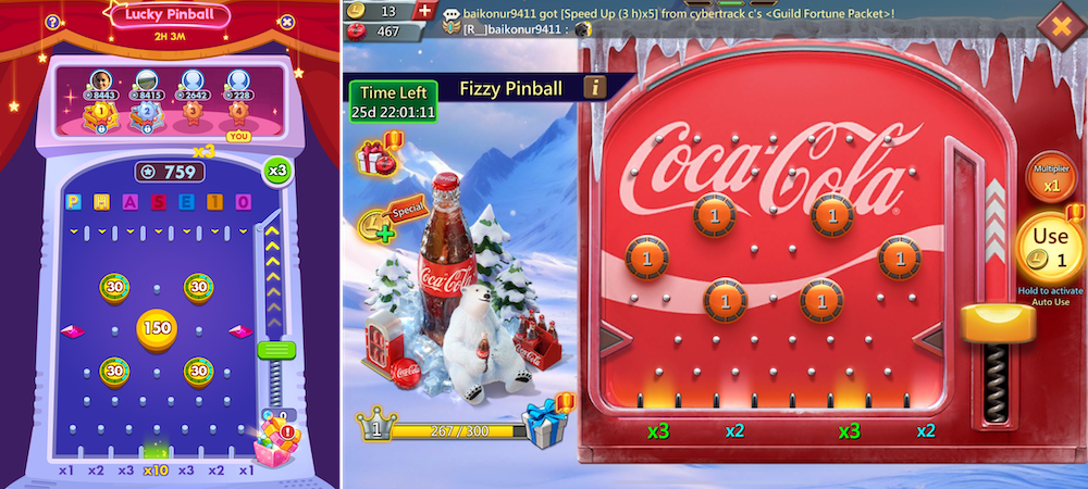 Phase 10’s Lucky Pinball (left) and Lords Mobile Coca-Cola Fizzy Pinball (right)