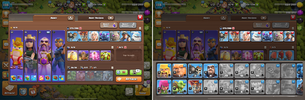 Clash of Clans’ updated layout for editing the army for battles